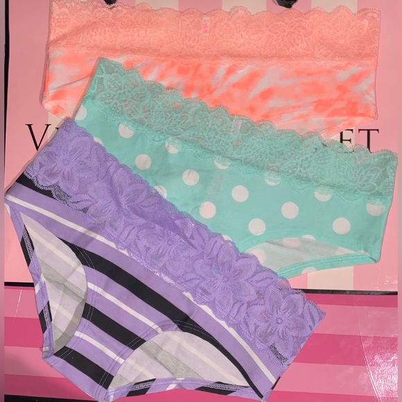 3 Victoria’s Secret Pink Panties bundle cotton lace hipster tie dye polka dot - Picture 1 of 5
